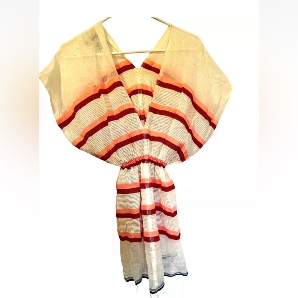 LEMLEM white/red Striped Short Plunge Neck Dress - Size Small